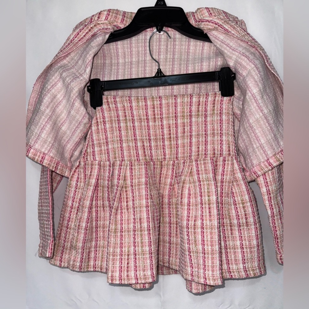 SHEIN Pink and White Plaid Print Tweed Crop Jacket Blazer Skirt . - Picture 4 of 13